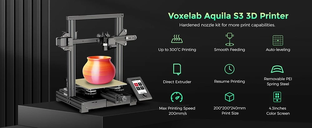 Voxelab Aquila S3 3D Printer, Auto Leveling, Dual-Gear Direct Extruder, Max 200mm/s Printing Speed, Resume Printing, PEI Printing Plate, Up to 300 Celsius Printing, 4.3-inch Knob Screen, 220*220*240mm
