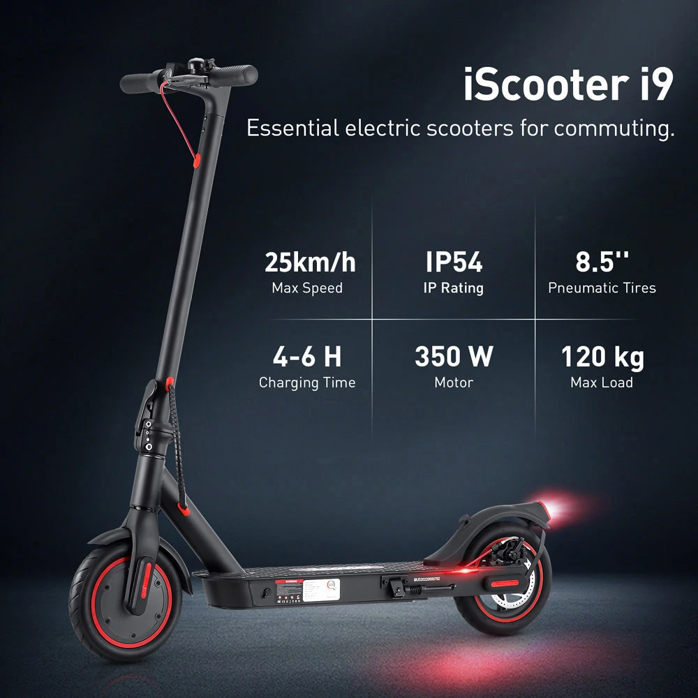 iScooter i9 hopfällbar elskoter 8.5 tum pneumatiskt däck 350W Motor 7.5Ah Batteri 25km/h Maxhastighet Svart