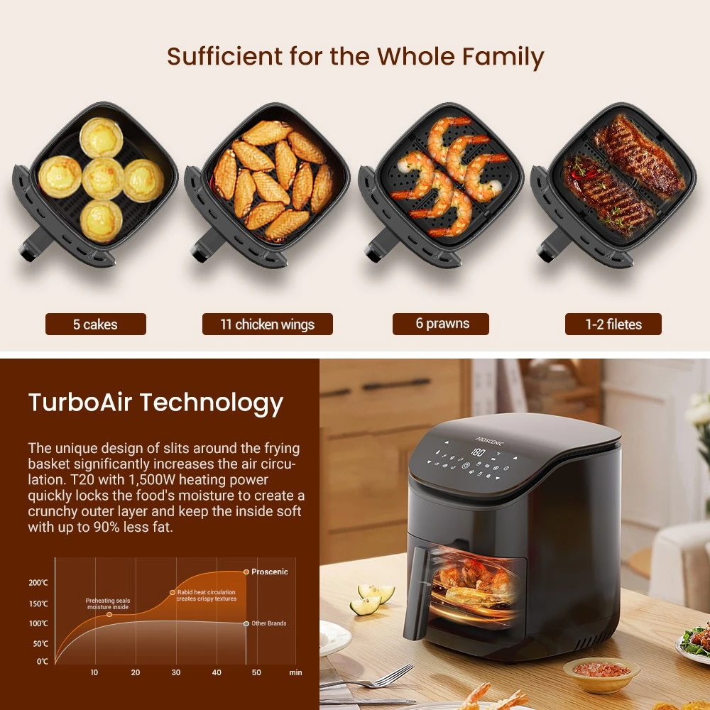 Proscenic T20 1500W Multifunctional Air Fryer, 3.5L Capacity, 12 Presets Functions, Online Recipes, Touch Display, BPA and PFOA Free - EU Plug