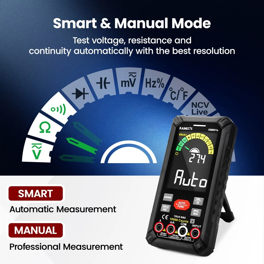 KAIWEETS KM601S Digital Multimeter 10000 Counts True-RMS Meter Smart Mode Manual Mode Rechargeable Battery Flashlight Auto-Lock - Black