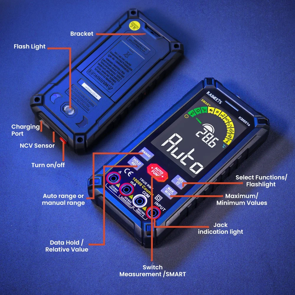 KAIWEETS KM601S Digital Multimeter 10000 Counts True-RMS Meter Smart Mode Manual Mode Rechargeable Battery Flashlight Auto-Lock - Black