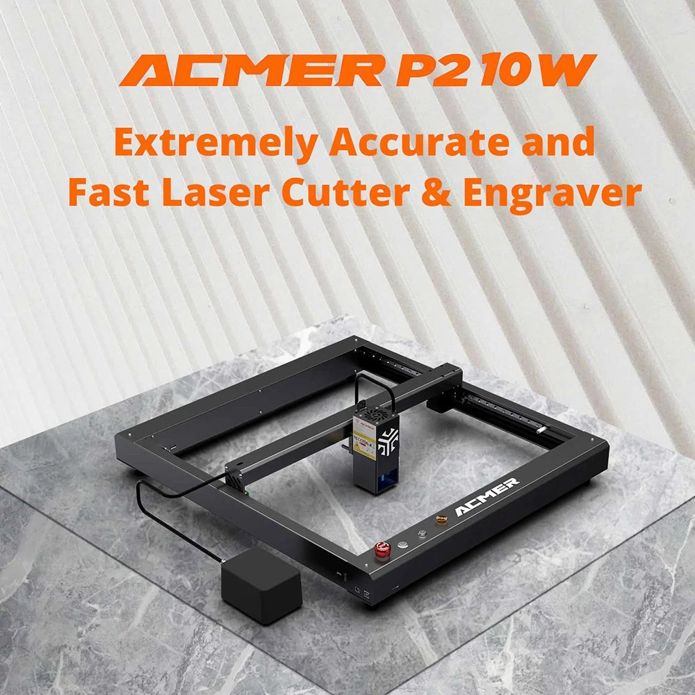 Découpeur de graveur laser ACMER P2 10 W, mise au point fixe, gravure à 30 000 mm/min, assistance pneumatique automatique ultra-silencieuse, précision de gravure de 0,01 mm, contrôle d'application iOS Android, 420 x 400 mm