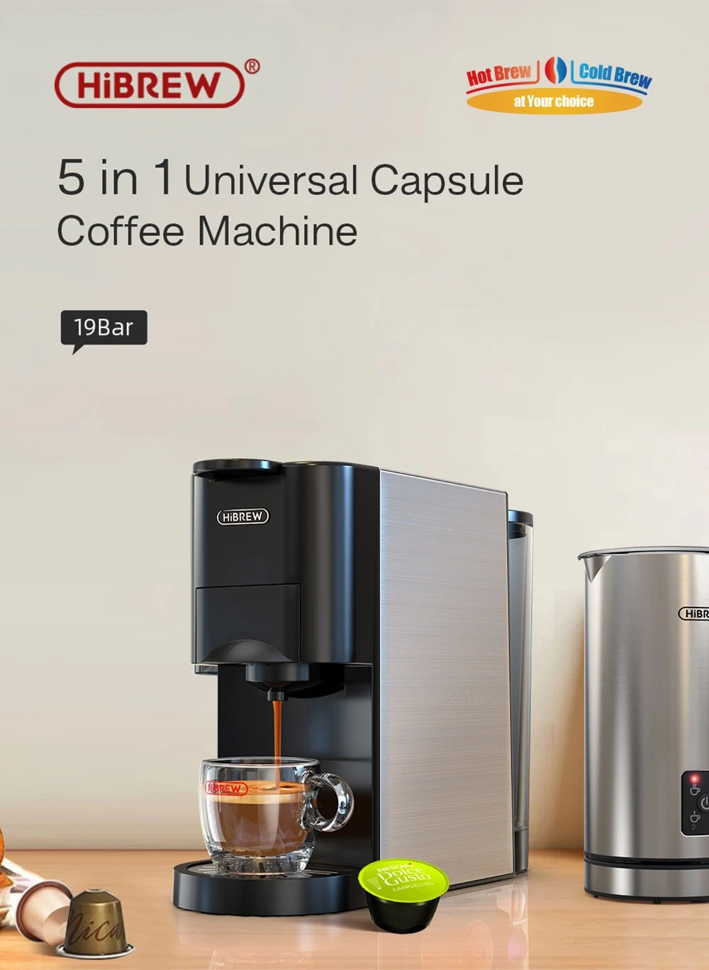 HiBREW Machine à Café Cafetière Multi Capsules 5 en 1 Froide et Chaude 19  Bars