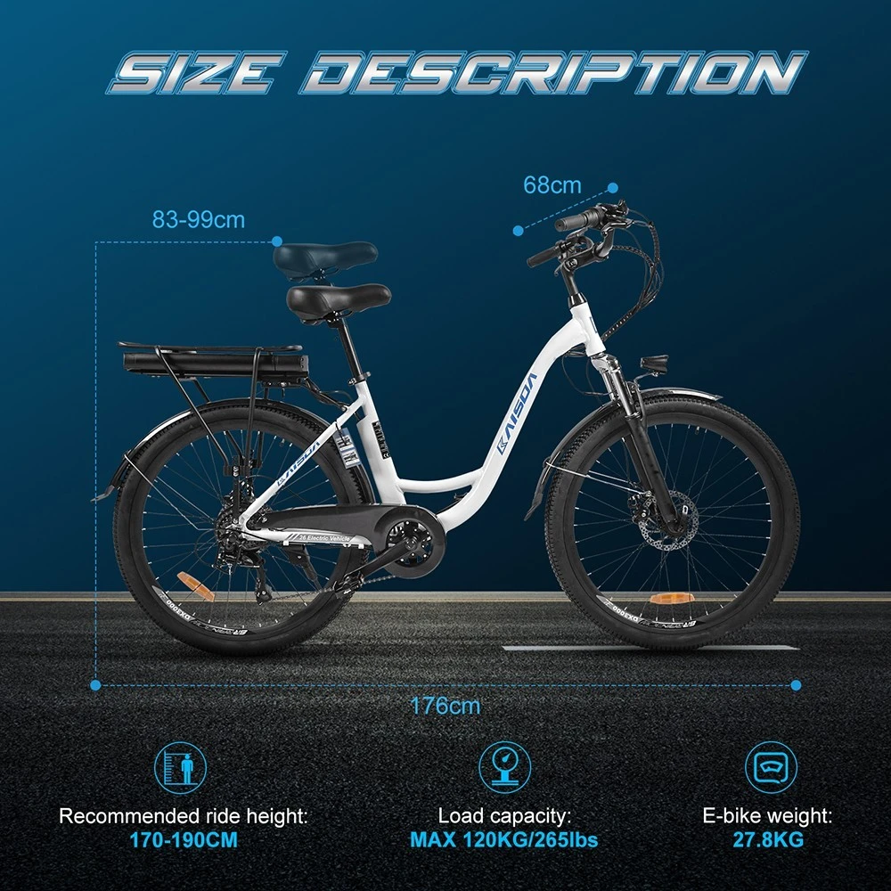 KAISDA K6C Electric City Bike 26 inch 36V 12.5Ah 350W Motor Shimano 7-speed E-bike Waterproof IP54 LED Light - White