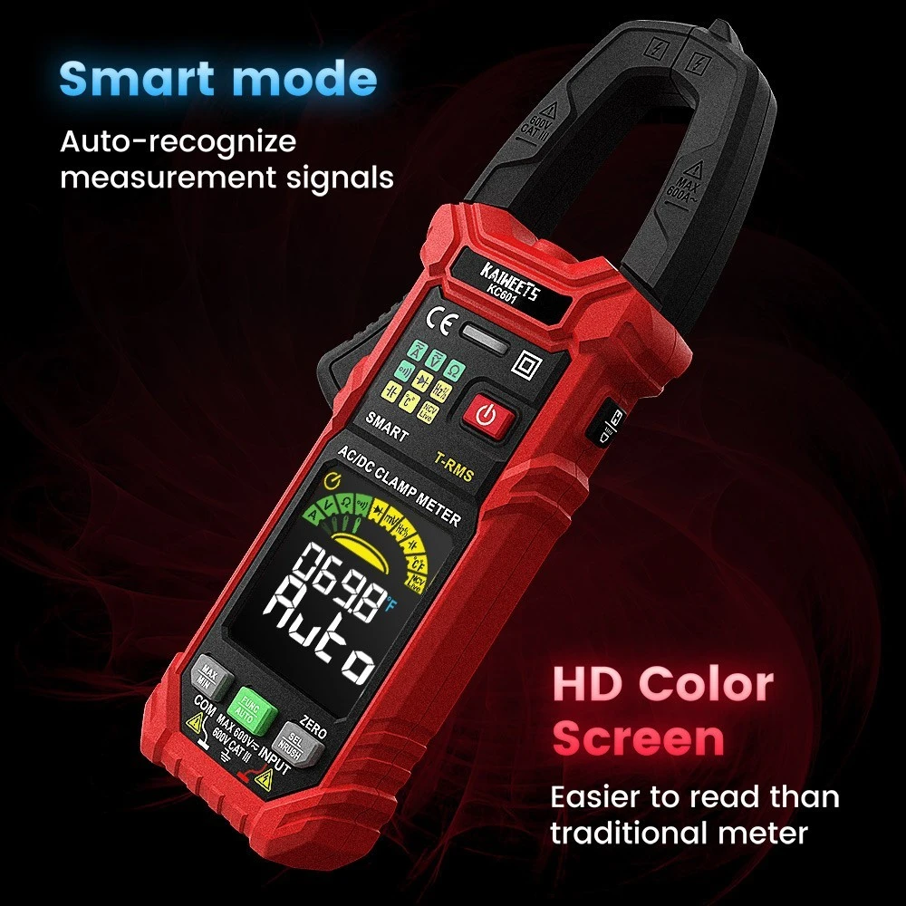KAIWEETS KC601 Smart Digital Clamp Meter, 6000 Counts True-RMS, Auto Range, AC/DC Current, NCV Detection Function - Red