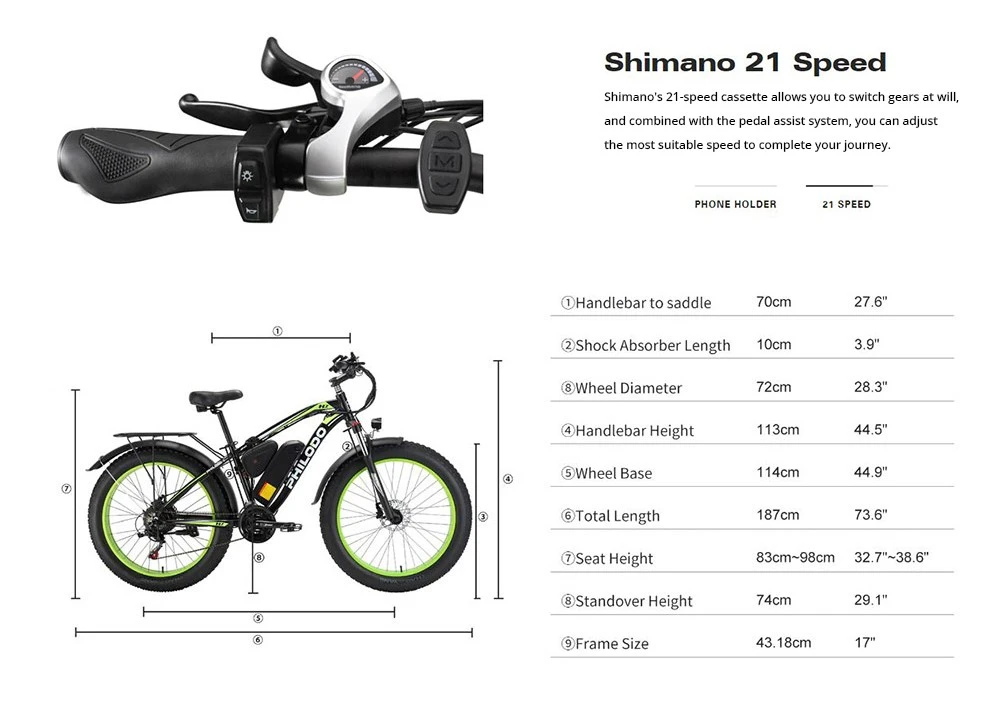 PHILODO H7 Electric Bike 26*4.0in Tire 1000W Motor 48V 17.5Ah Battery 88km Mileage Shimano 21 Speeds Gear - Blue