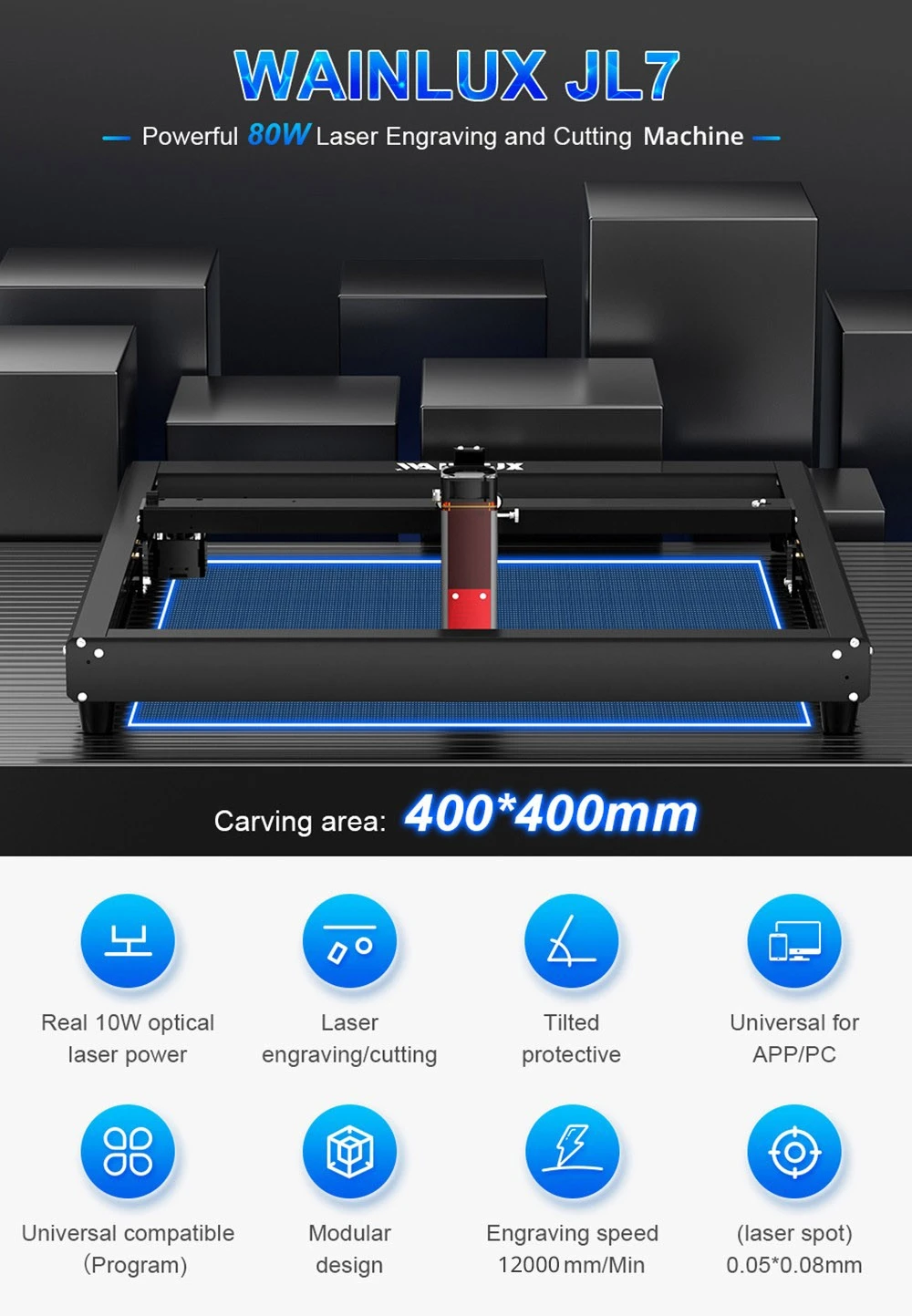 WAINLUX JL7 Laser Engraver Cutter, 10W Laser Power, Knob Fixed Focus, 0.05*0.08mm Compressed Spot, 0.01mm Engraving Precision, 12000mm/min Engraving Speed, App Control, 400*400mm