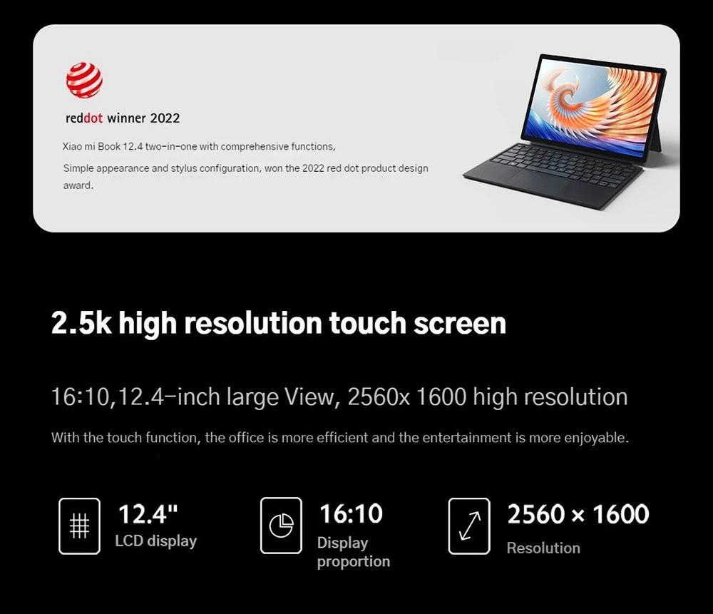 Xiaomi Book CN Version 2-in-1 Laptop with Keyboard 12.4in Touch Screen Snapdragon™ 8cx Gen 2 Octa-core CPU, 8GB RAM 256GB ROM Windows 11