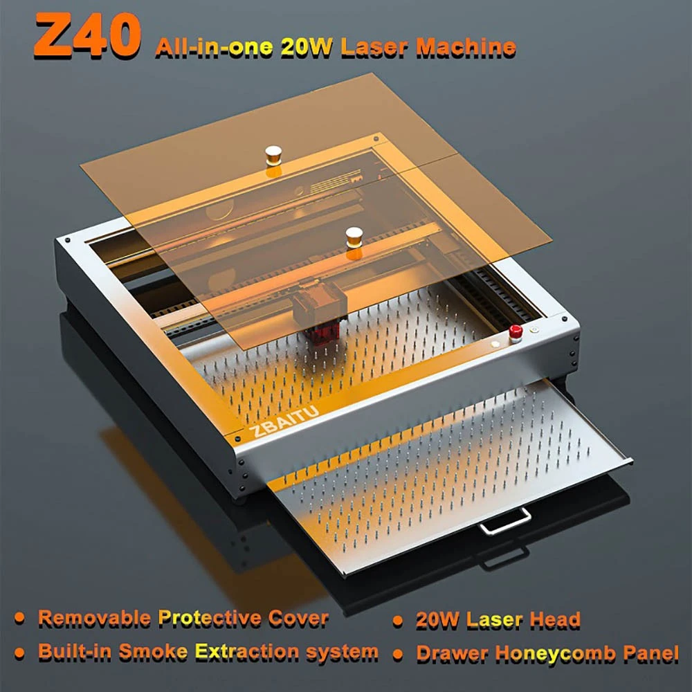 ZBAITU Z40 Laser Engraver Cutter, 20W Laser Power, 30000mm/min Max Engraving Speed, Air Pump, Drawer Honeycomb Panel, Rotating Table, Smoke Extractor, Enclosed Body, App Connection, 400x400mm