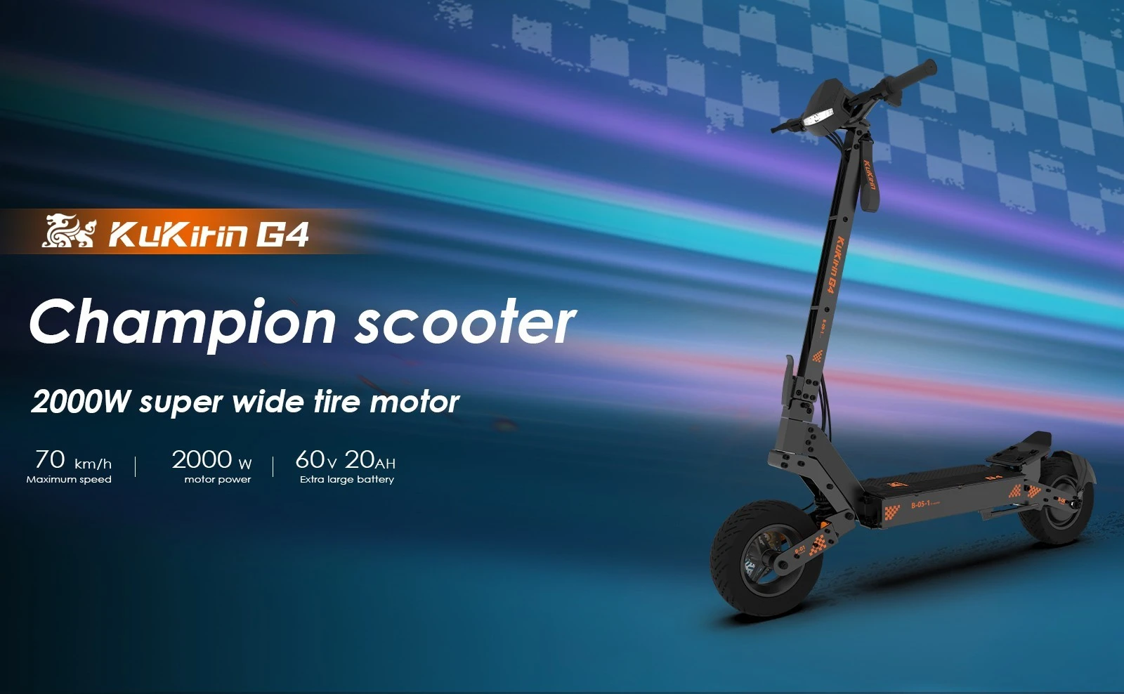 Scooter électrique tout-terrain KuKirin G4 avec moteur 2000 W, batterie 20 Ah, autonomie maximale de 75 km, vitesse maximale de 70 km/h