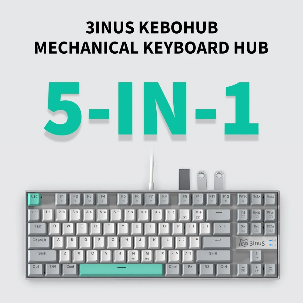 3inuS 87-Key 5-in-1 Mechanical Keyboard Hub Dual USB-C Cable Hot-Swappable - Brown Switches