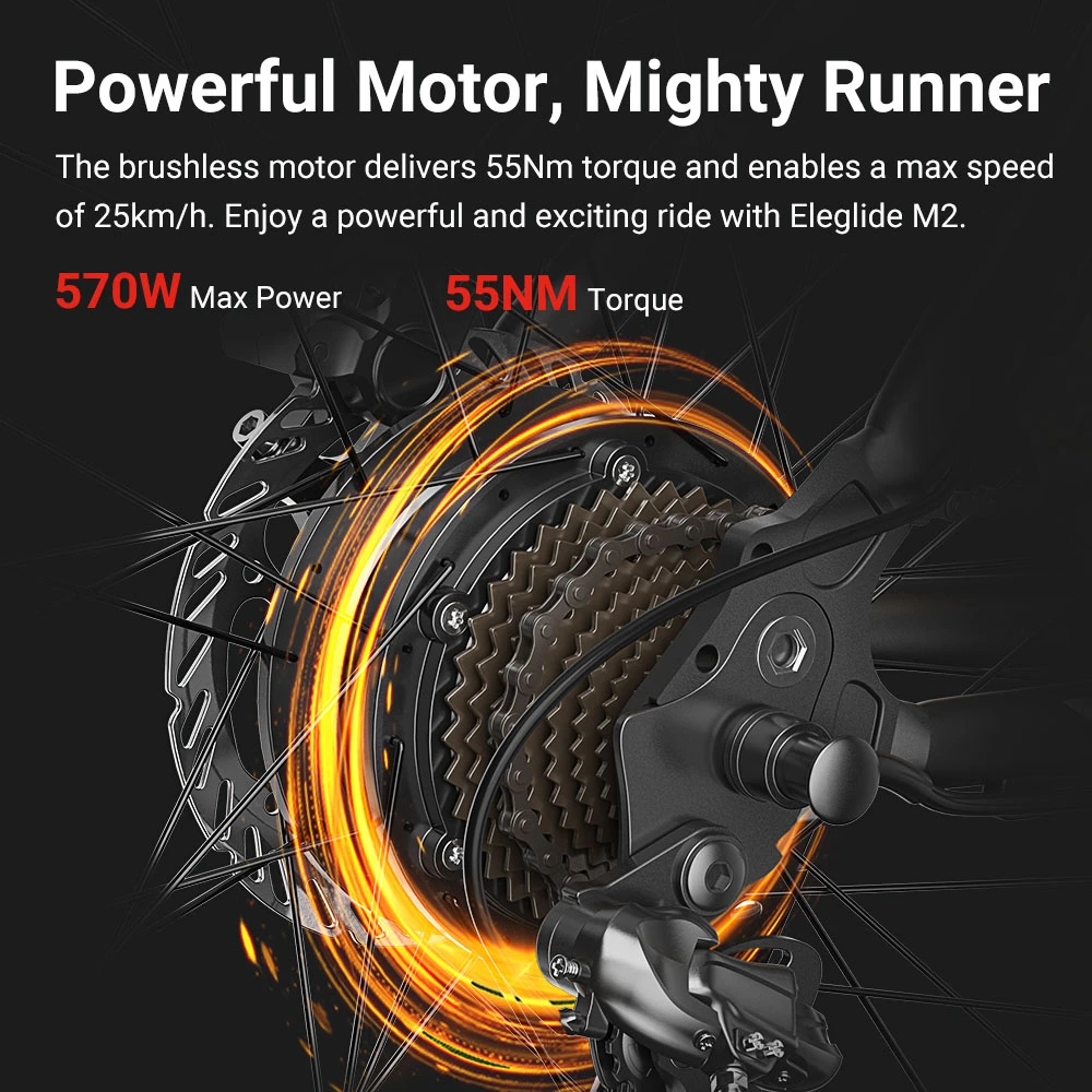 Eleglide M2 Electric Moped Bike 27.5*2.35 inch Pneumatic Rubber Tire 250W Motor 25km/h Speed 36V 15Ah Battery 125km Range 120kg Load Shimano 24-Speed Gear Hydraulic Disc Brakes with APP Control Electric Mountain Bike