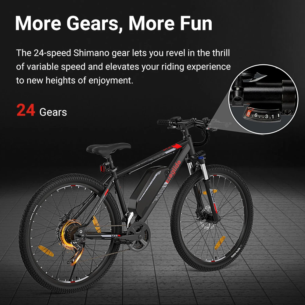 Eleglide M2 Electric Moped Bike 27.5*2.35 inch Pneumatic Rubber Tire 250W Motor 25km/h Speed 36V 15Ah Battery 125km Range 120kg Load Shimano 24-Speed Gear Hydraulic Disc Brakes with APP Control Electric Mountain Bike