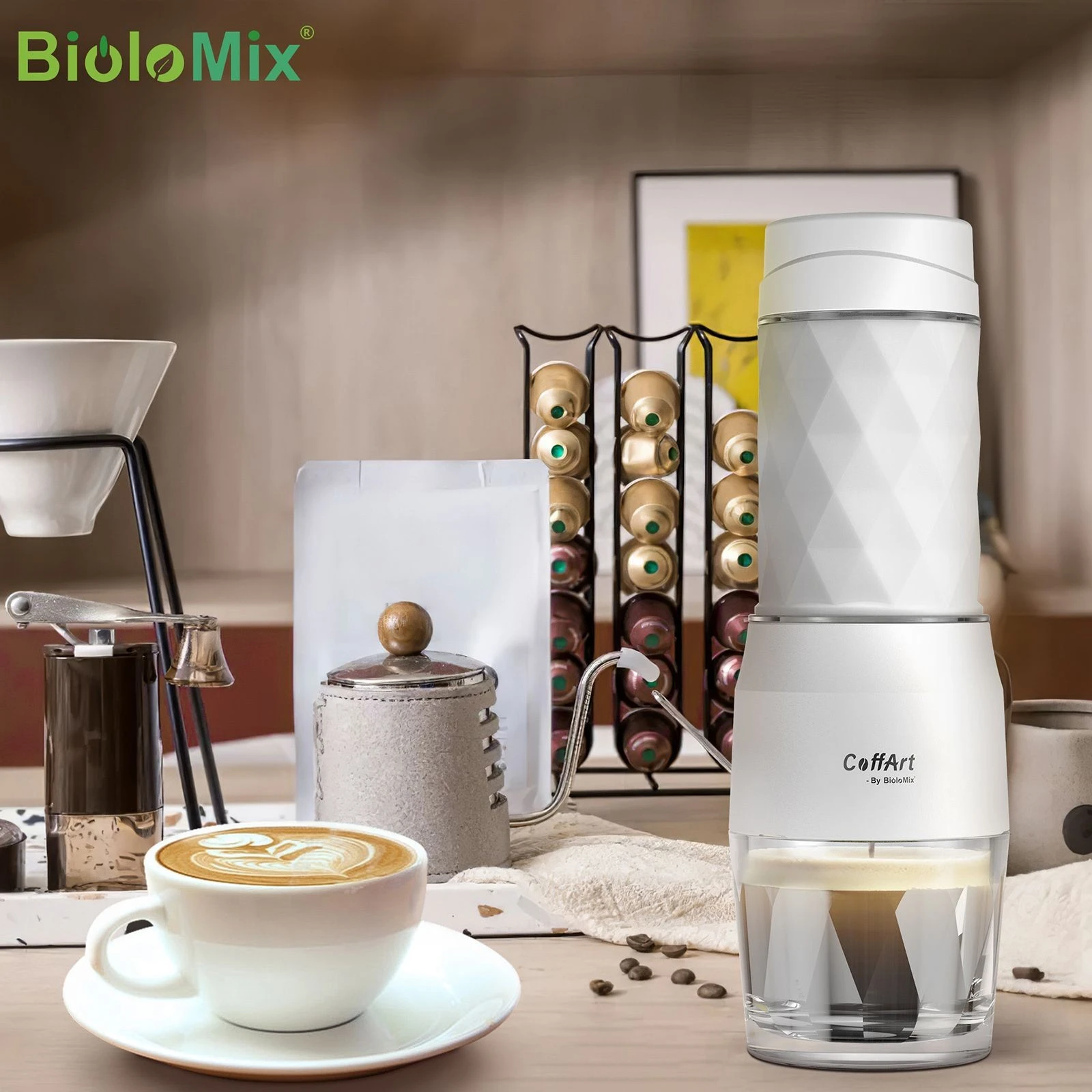 BioloMix HS8439 Portable Coffee Maker, 13-18Bar Pressure Hand Press Capsule Ground Coffee Brewer, 80ml Water Container, for Travel and Picnic - Black