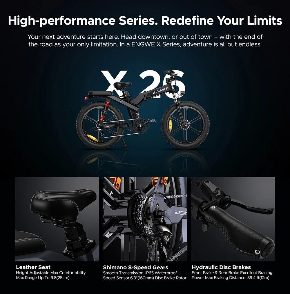 ENGWE X20 Electric Bike 48V 750W Motor 14.4Ah & 7.8Ah Dual Battery for 71 Miles Range, 20*4.0 inch Fat Tire - Black