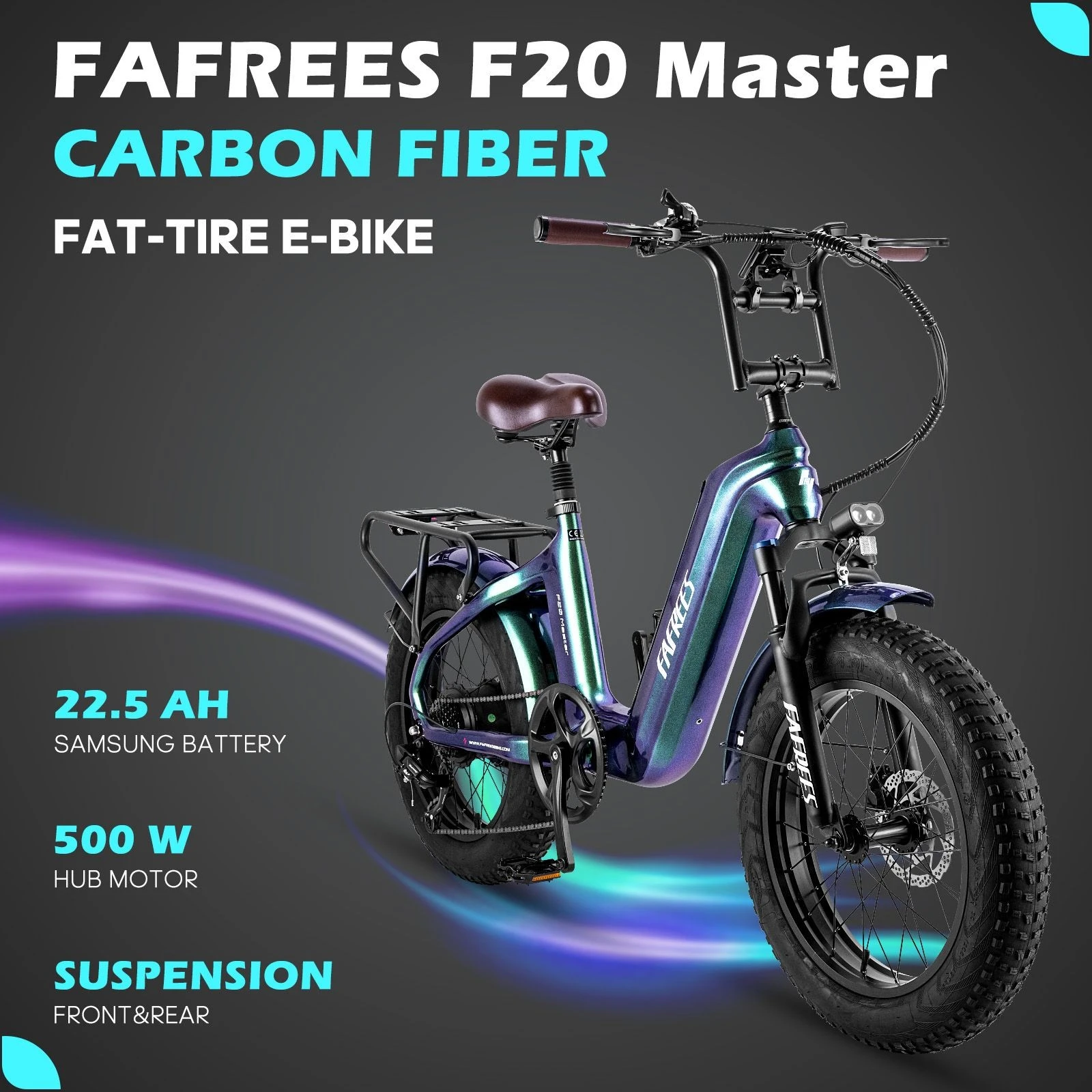 FAFREES F20 Master E-bike 20*4.0 inch Air Tire 500W Rear Drive 25km/h Max Speed 48V 22.5Ah Battery 140-160km Range - Blue
