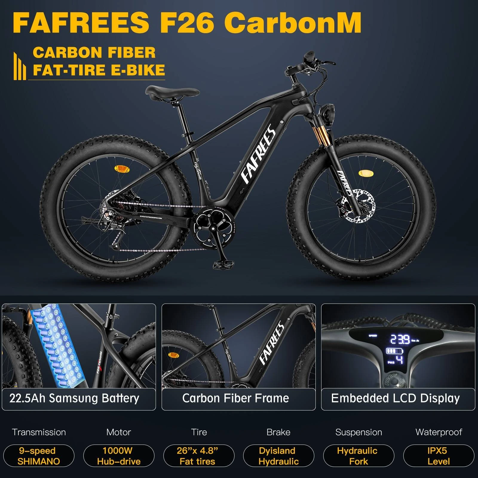 FAFREES F26 Carbon M E-bike 26*4.8 inch Air Tire 1000W Rear Drive 25km/h Max Speed 48V 22.5Ah Battery 120-140km Assist Range