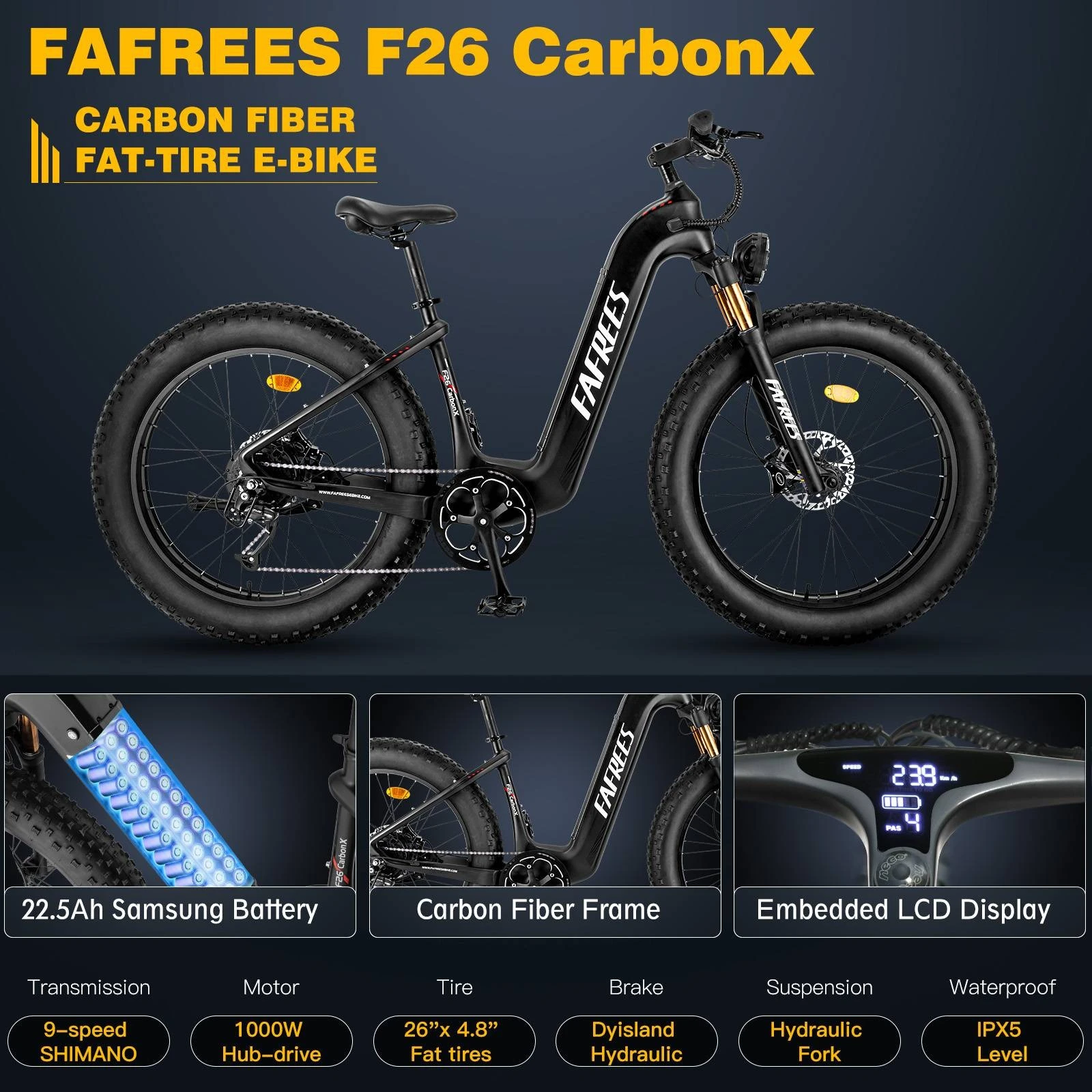 FAFREES F26 Carbon X E-bike 26*4.8 inch Air Tire 1000W Rear Drive 25km/h Max Speed 48V 22.5Ah Battery 120-140km Assist Range