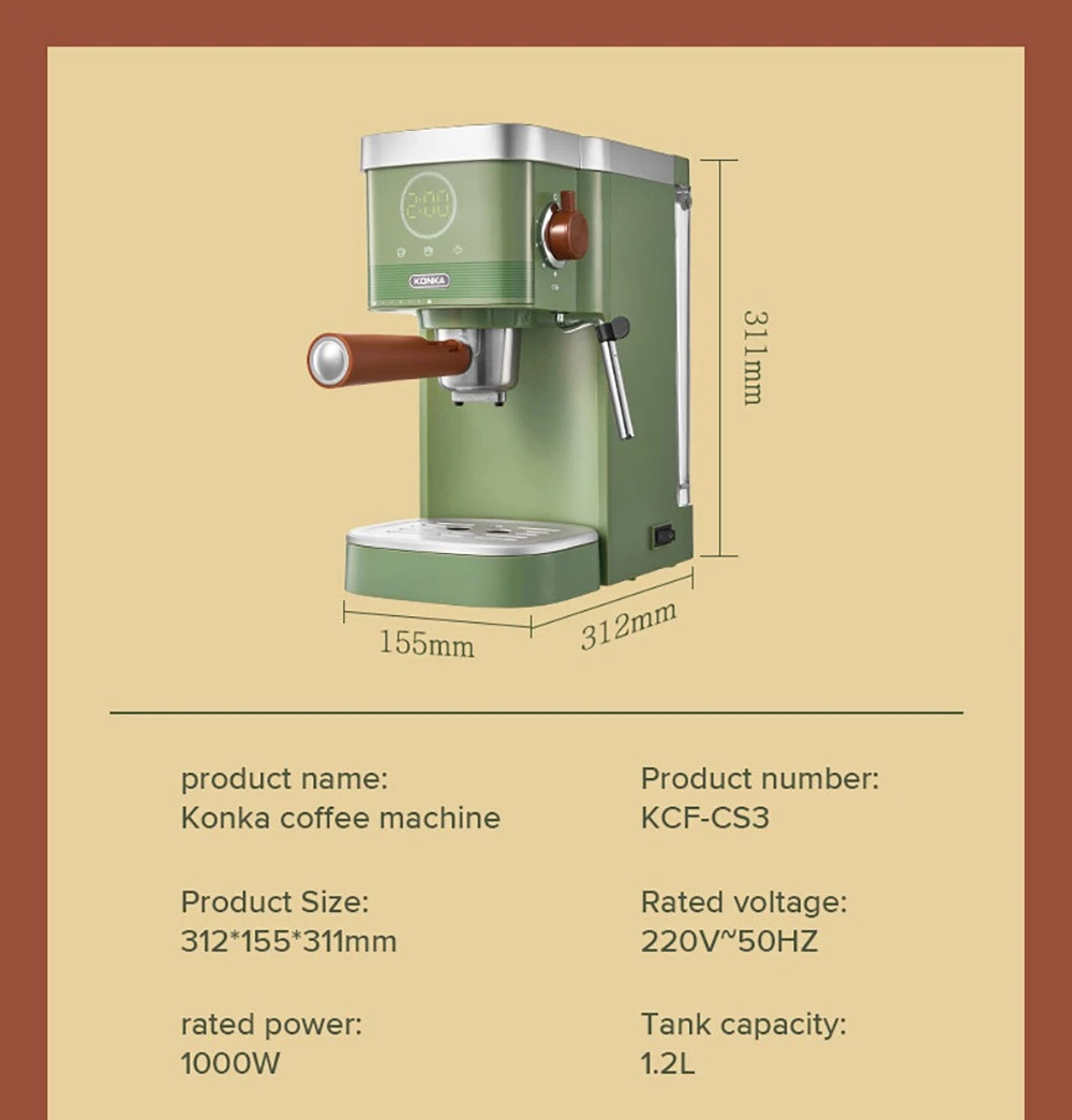 KONKA KCF-CS3 Espresso Coffee Machine, 20Bar Pressure, 1.2L Water Tank, Steam Milk Froth, Touch Control, Compatible with Coffee Powder and Capsule, EU Plug - Green