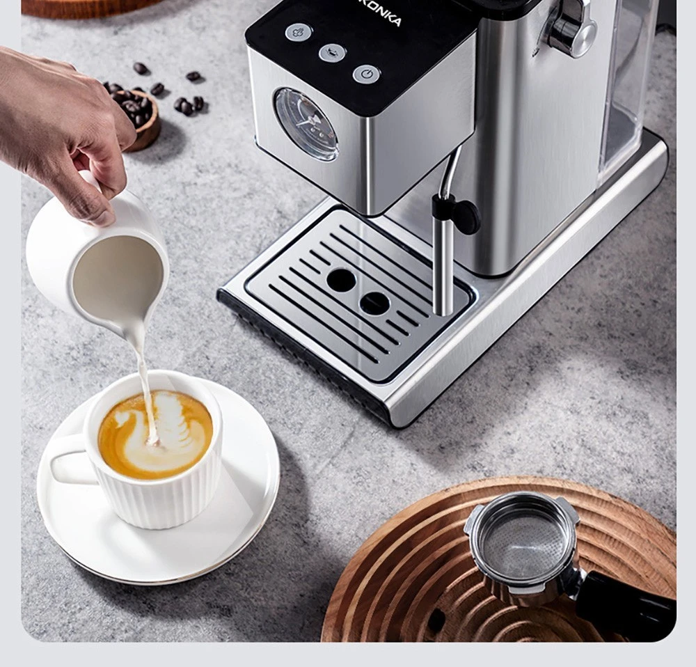 KONKA KKFJ-1202 Espresso Coffee Machine, 15Bar Pressure, 1.2L Water Tank, Steam Milk Froth, with Pressure Dial, EU Plug - Silver