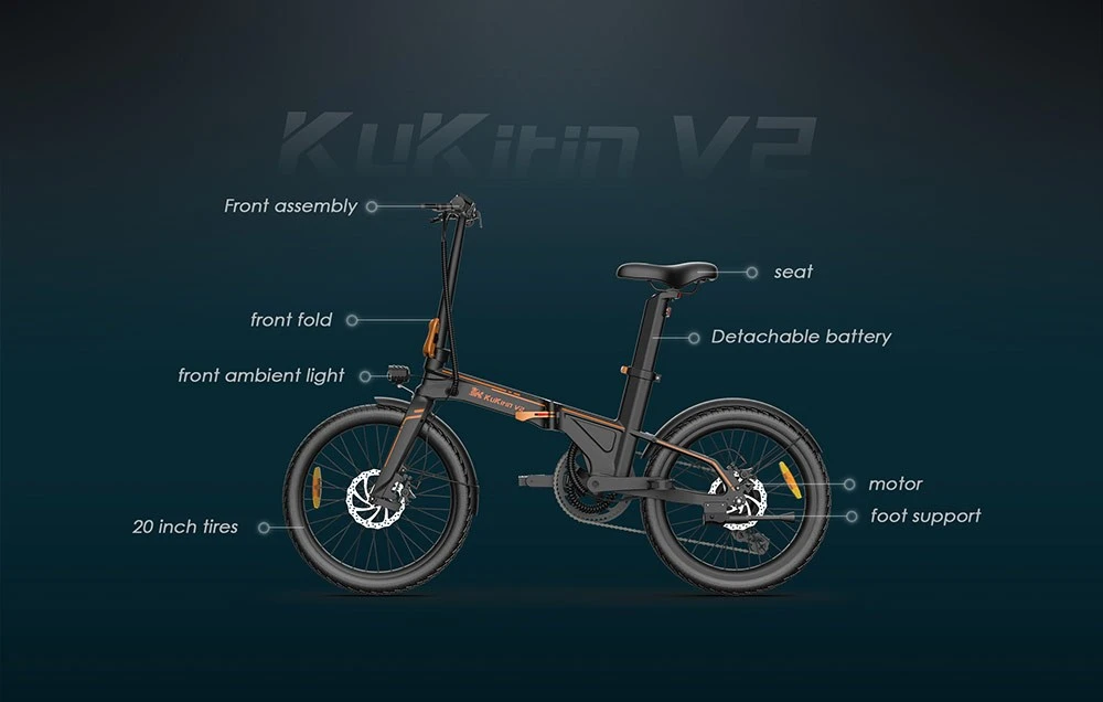 KuKirin V2 City E-bike Foldable 20'' Pneumatic Tires 36V 7.5Ah Removable Battery 430W Motor 25km/h Max Speed 120kg Load