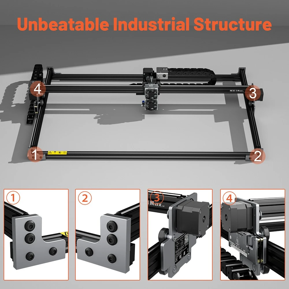 Cutter gravator laser NEJE 3 Max V2, putere laser 24W, modul laser E80, focalizare 0,06x0,06 mm, control aplicatie, gravura offline, 790x470mm