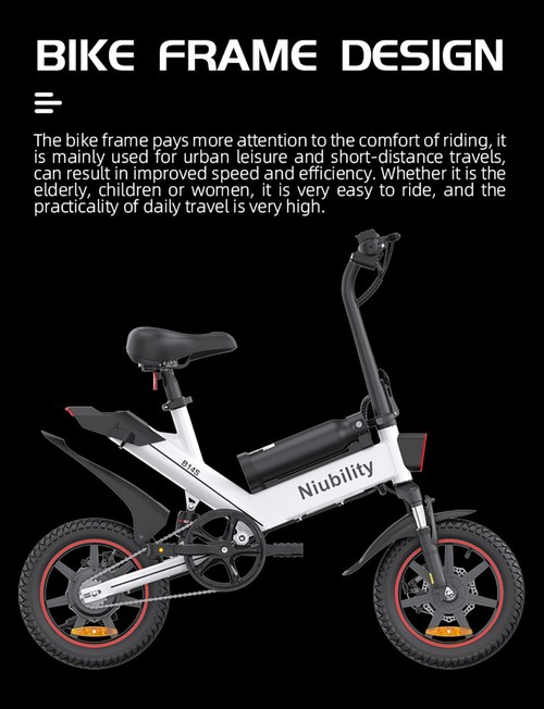 NIUBILITY B14S elektrinis dviratis 14*2,125 colio padanga 48V 400W variklis 32km/h maksimalus greitis 8,7Ah + 6,4Ah dvigubas akumuliatorius, dvigubas diskinis stabdys - baltas