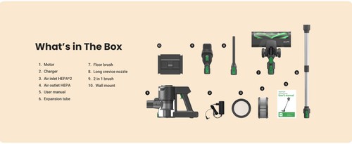 Vactidy V9 a un système de filtration d'eau de 25 kPa, un système de filtration à 1 l, un système de filtration à 5 soupapes, un système de filtration à LED, un conduit de lumière LED, une prise de courant LED de 45 min.