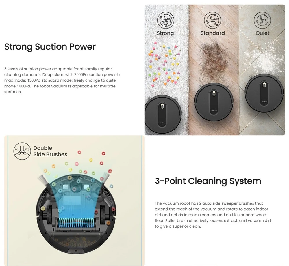 Vactidy T6 Robot Vacuum Cleaner, 2000Pa Suction, 500ml Dustbin, Self-Charging, 2500mAh Battery, 100Mins Runtime, App and Voice Control