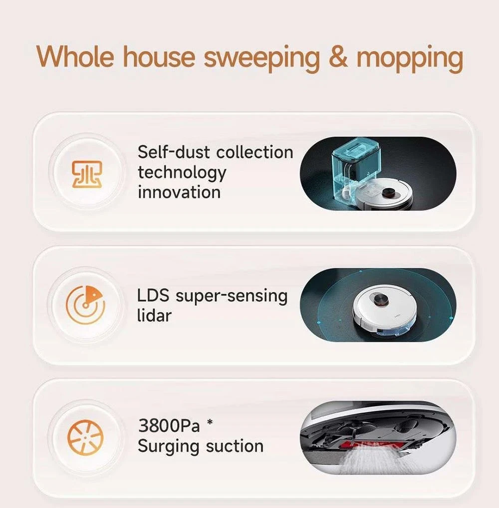 Xiaomi ROIDMI EVE CC Robot Vacuum Cleaner Automatic Dust Collection 2-in-1 Vacuuming Mopping 3800Pa Powerful Suction LDS Laser Navigation 3200mAh Battery 180Mins Runtime 290ML Water Tank 260ML Dust Box APP Control - White