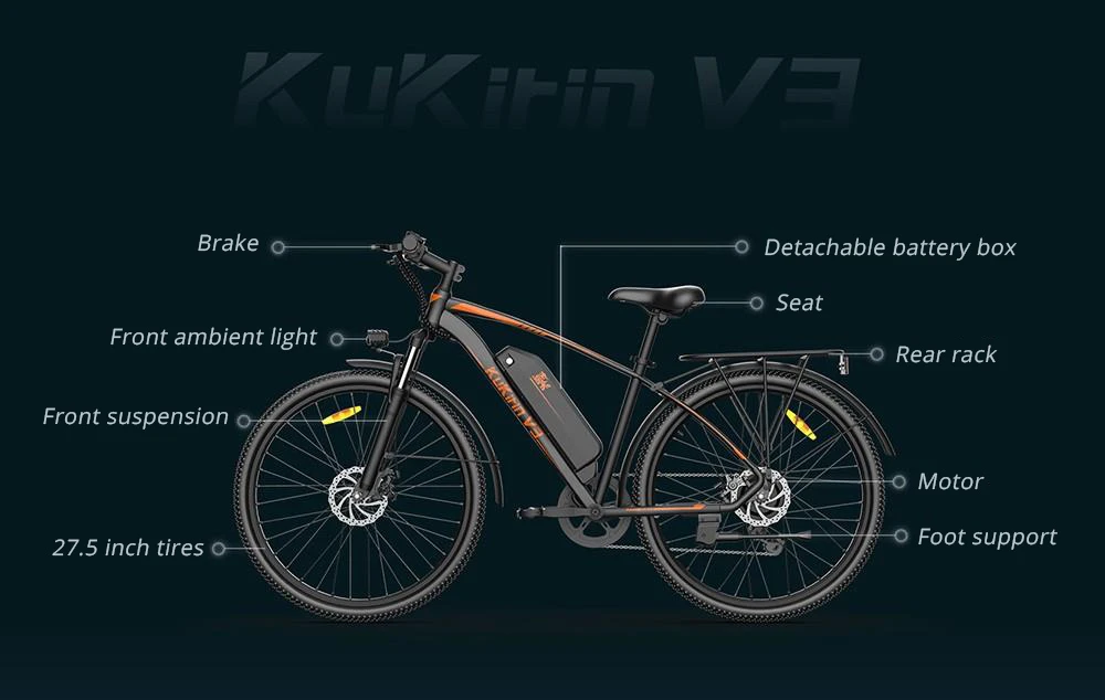 KuKirin V3 Electric Bike 27.5in Pneumatic Tires 36V 350W Motor 40km/h Max Speed 15Ah Battery 90km Range Dual Disc Brake