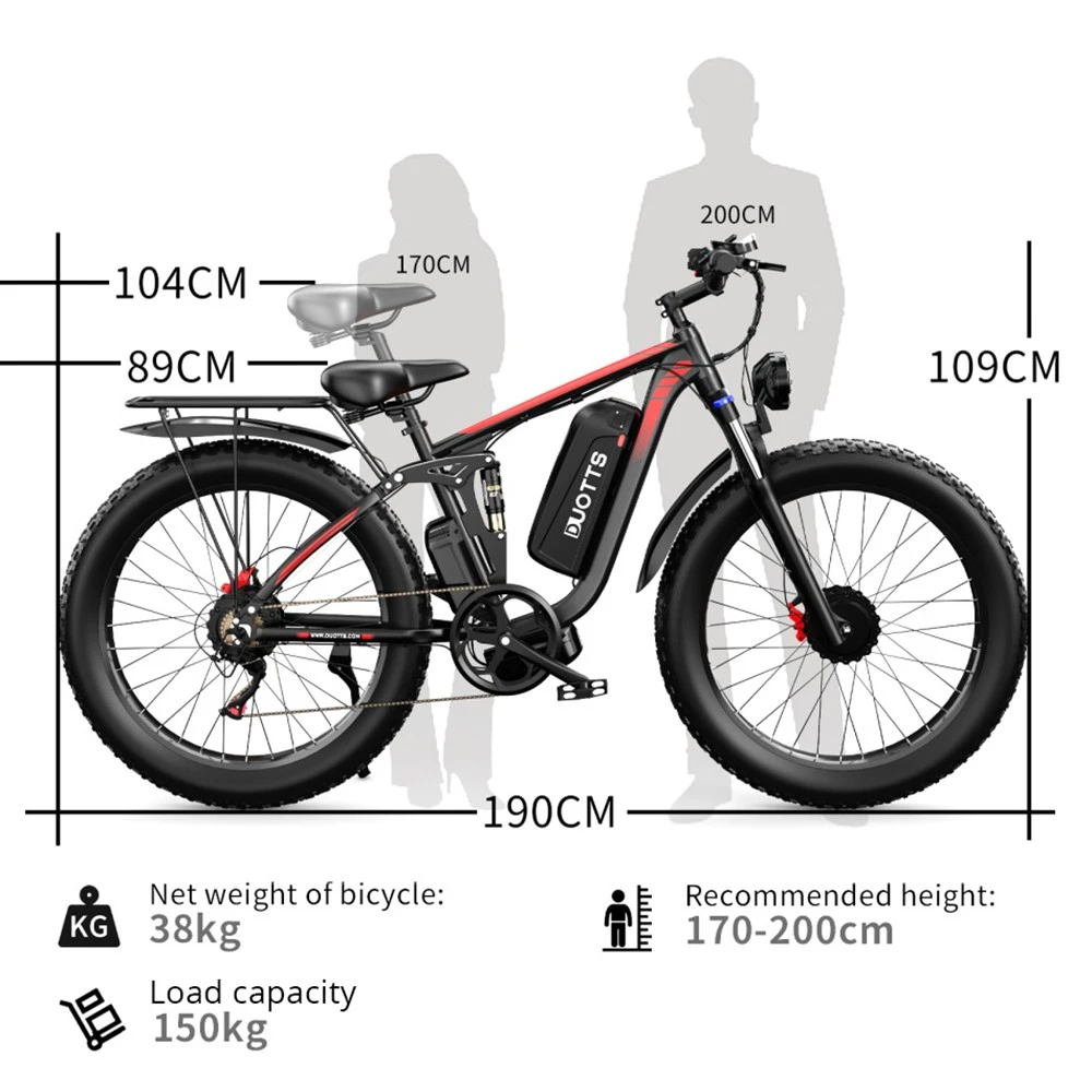 DUOTTS S26 Electric Bike 750W*2 Motors 50km/h Max Speed 26*4.0 inch Inflatable Fat Tires 48V 19.2Ah LG Battery 120km Range Shimano 7-Speed 150kg Max Load