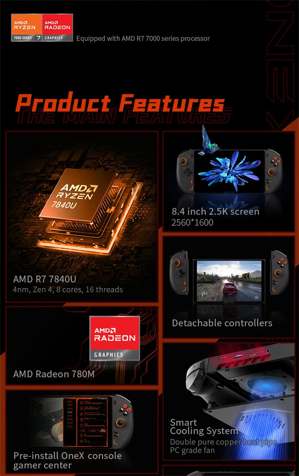 One Netbook OneXPlayer 2 Pro 5 in 1 Handheld Gaming PC 8.4'' 2K IPS Screen AMD Ryzen 7 7840U 32GB LPDDR5 1TB RAM M.2 Windows 11 US - Black