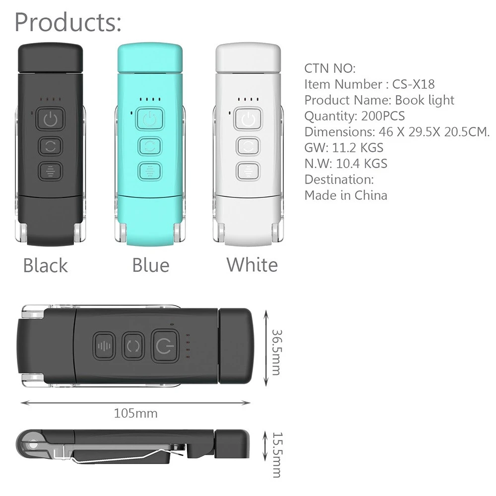 9 LED Mini Book Clip Reading Light, 5 Levels Brightness, 1600-6000K Color Temperature, 500mAh Battery - White