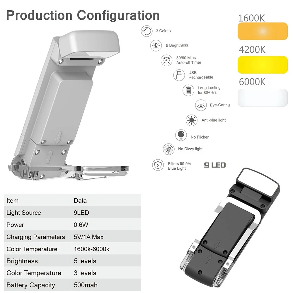 9 LED Mini Book Clip Reading Light, 5 Levels Brightness, 1600-6000K Color Temperature, 500mAh Battery - White