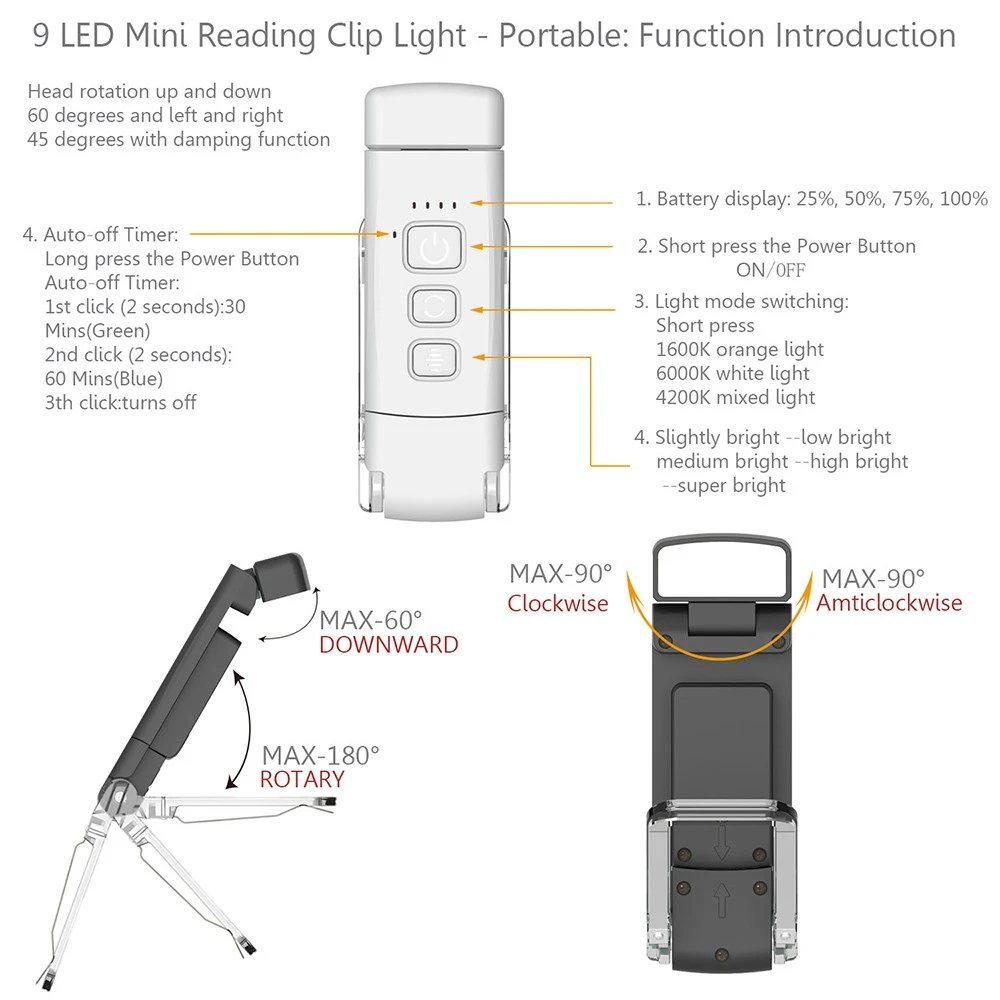 9 LED Mini Book Clip Reading Light, 5 Levels Brightness, 1600-6000K Color Temperature, 500mAh Battery - White