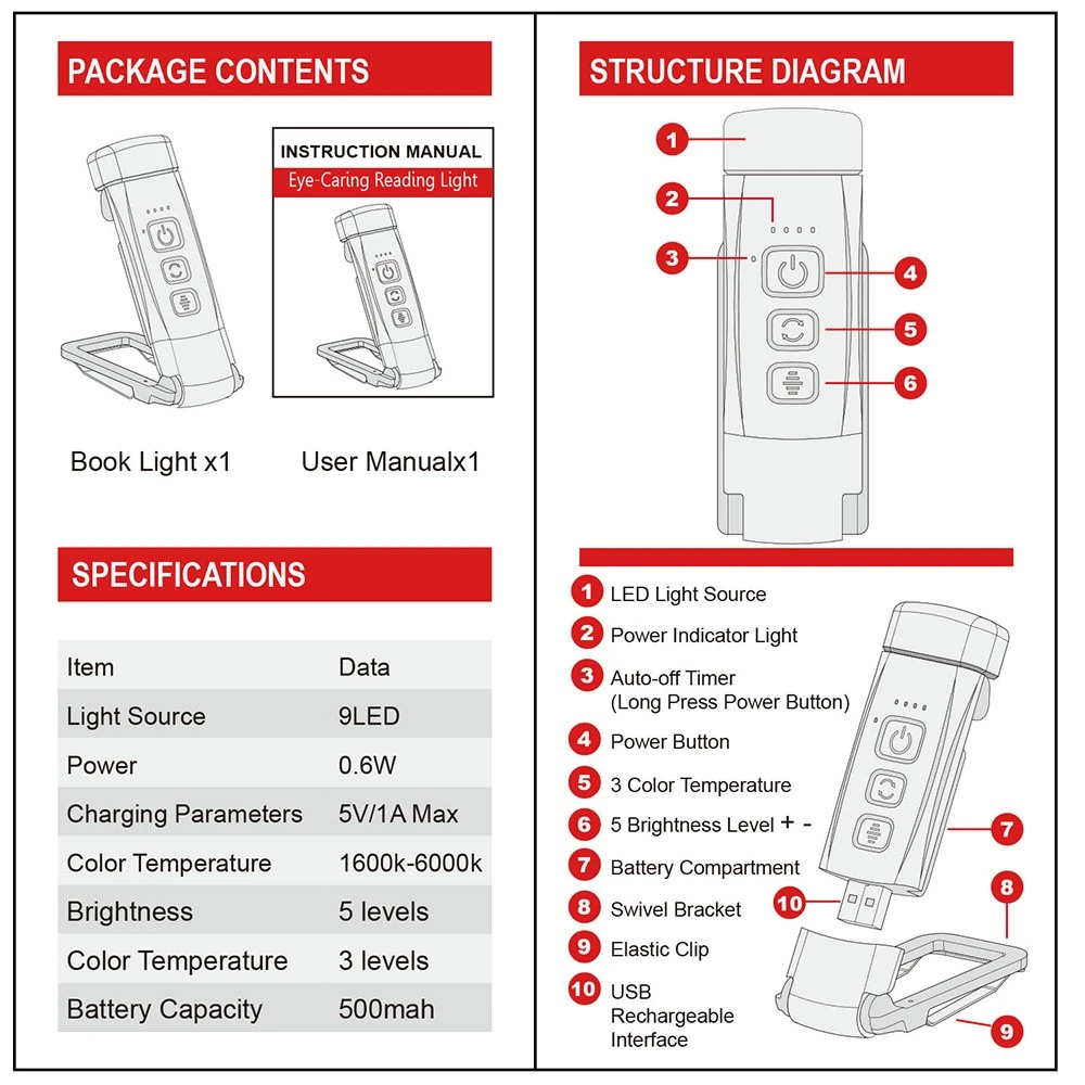 9 LED Mini Book Clip Reading Light, 5 Levels Brightness, 1600-6000K Color Temperature, 500mAh Battery - White
