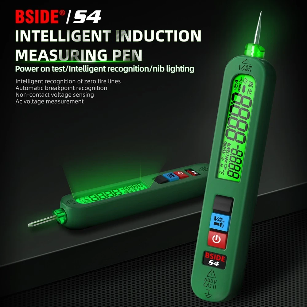 BSIDE S4 Smart Voltage Tester, 12-300V Auto Range, Non-Contact, Zero/Live Wire Detection, LED Flashlight, LCD Display - Green