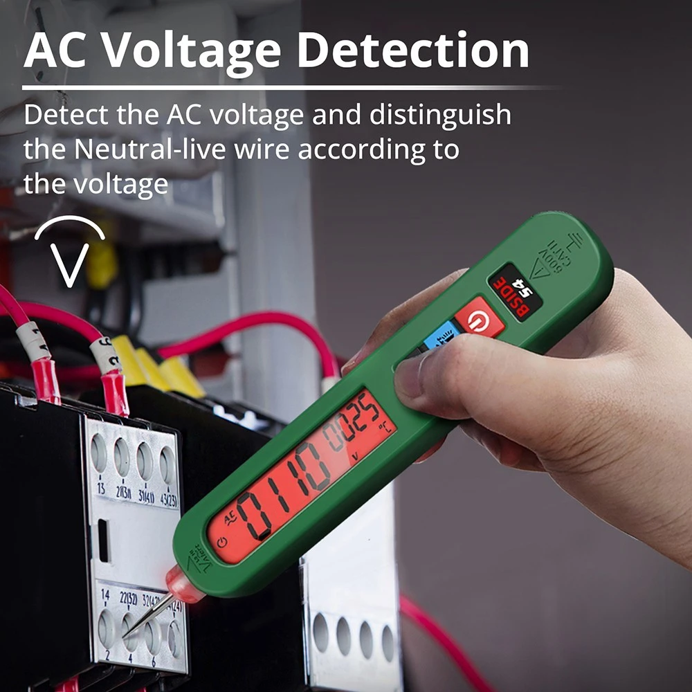 BSIDE S4 Smart Voltage Tester, 12-300V Auto Range, Non-Contact, Zero/Live Wire Detection, LED Flashlight, LCD Display - Green