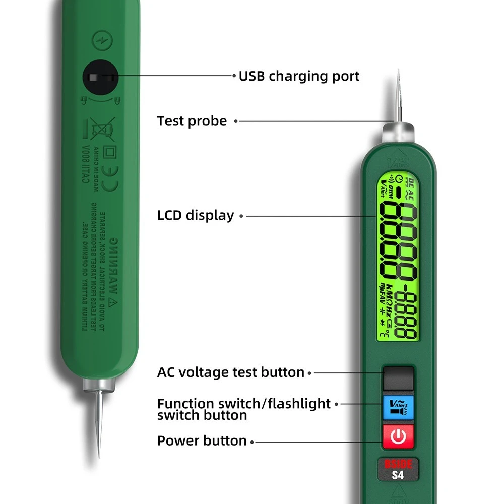 BSIDE S4 Smart Voltage Tester, 12-300V Auto Range, Non-Contact, Zero/Live Wire Detection, LED Flashlight, LCD Display - Green