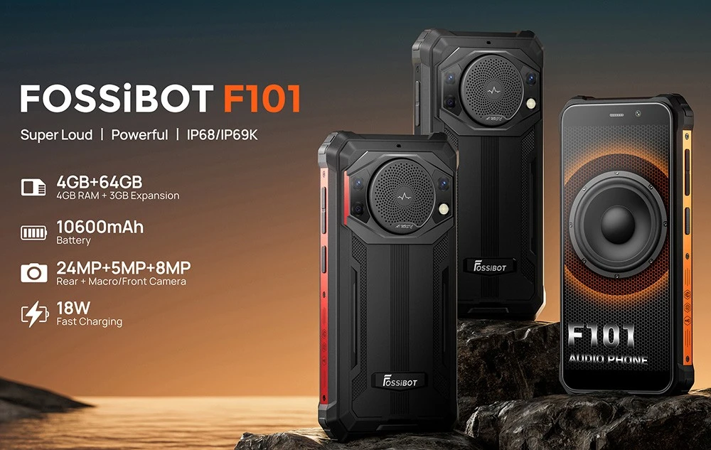 Smartphone robust FOSSIBOT F101, 4GB+64GB, cameră triplă AI, difuzor 123dB, baterie mare 10600mAh, amprentă/deblocare facială, ecran IPS HD+ de 5.45 inchi, Android 12