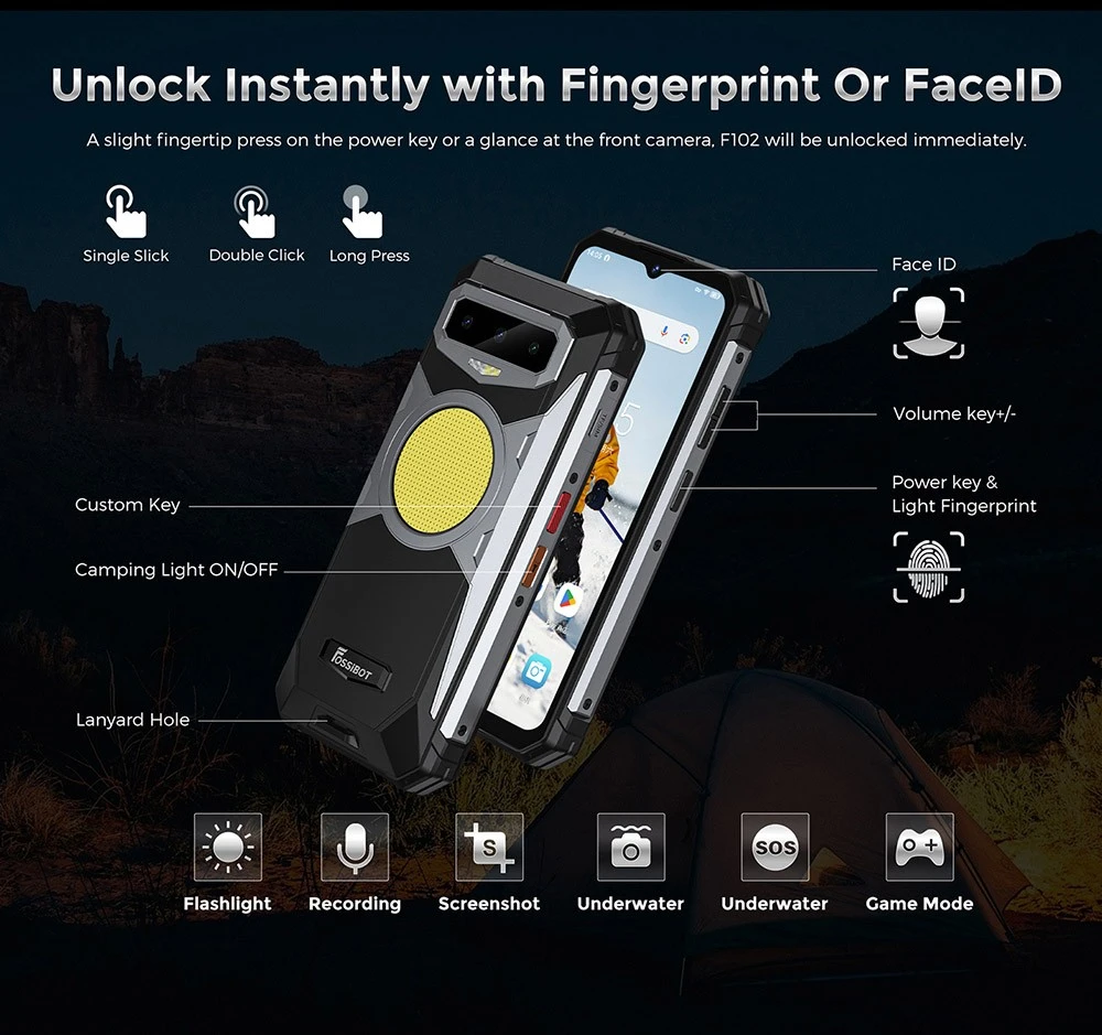 FOSSiBOT F102 Robustes Smartphone, 12 GB + 256 GB, 32 Mio. Frontkamera + 108 Mio. Rückkamera, Octa-Core, Android 13.0, 6,58-Zoll-FHD+-Bildschirm, Campingbeleuchtung, Stereo-Doppellautsprecher