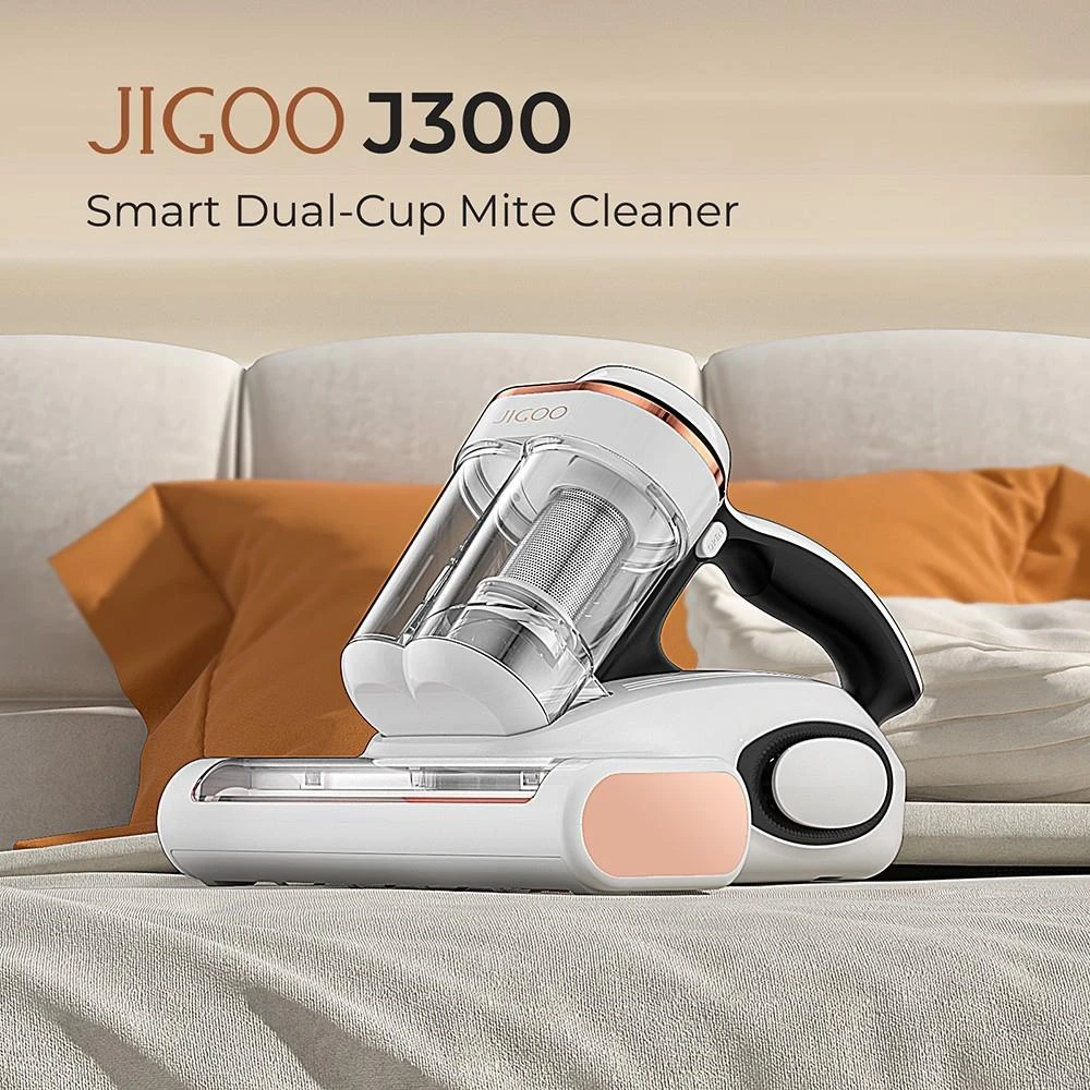 JIGOO J300 Smart Milbenreiniger mit zwei Tassen, 13 kPa Saugkraft, Staubmilbensensor, Metallbürstenrolle, 55 °C Heißluft, 205 mm Saugeinlass