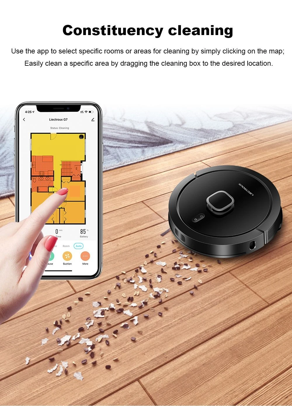 Liectroux G7 Robot Vacuum Cleaner, 6500Pa Suction, Laser Navigation, 5200mAh Battery, Run 180mins - Black, EU Plug