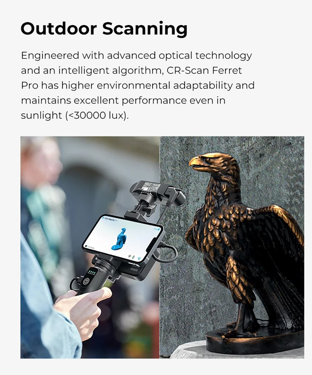 Scanner 3D Creality CR-Scan Ferret Pro, vitesse de numérisation jusqu'à 30 ips, précision de 0,1 mm, distance de travail de 150 à 700 mm, plage de capture unique de 560 x 820 mm, numérisation minimale de 150 x 150 mm, connexion sans fil