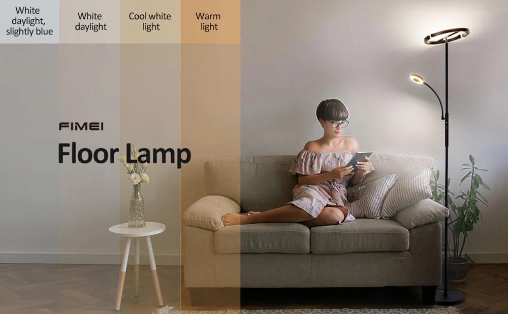 FIMEI MF18813 Floor Lamp with Reading Light, Eye Protection, 4 Color Temperatures, Infinite Dimmable, Touch Control & Remote Control, for Living Room, Office, Bedroom - Black