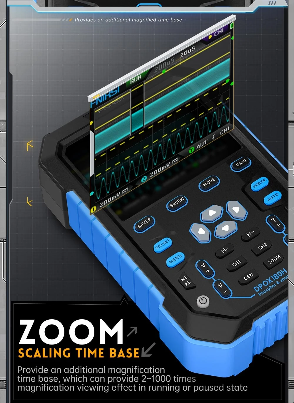 FNIRSI DPOX180H Digital Phosphor Oscilloscope 2 in 1 Dual-channel, 180MHz Bandwidth, DDS Signal Generator, US Plug - Blue
