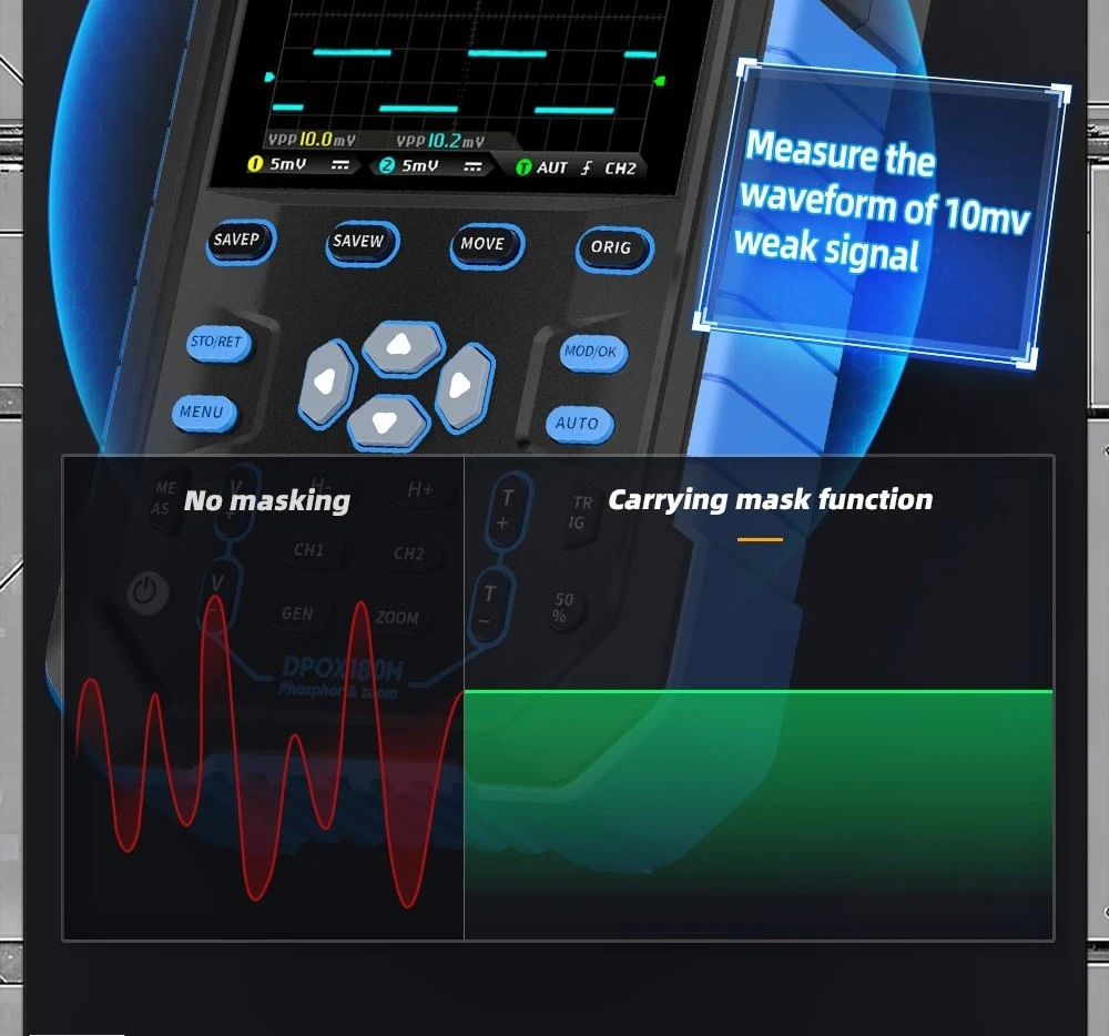 FNIRSI DPOX180H Digital Phosphor Oscilloscope 2 in 1 Dual-channel, 180MHz Bandwidth, DDS Signal Generator, US Plug - Blue