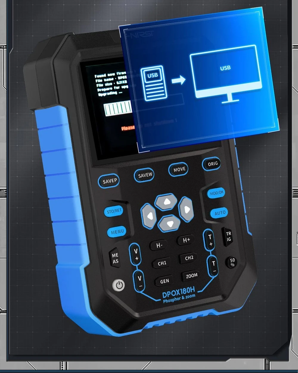 FNIRSI DPOX180H Digital Phosphor Oscilloscope 2 in 1 Dual-channel, 180MHz Bandwidth, DDS Signal Generator, US Plug - Blue