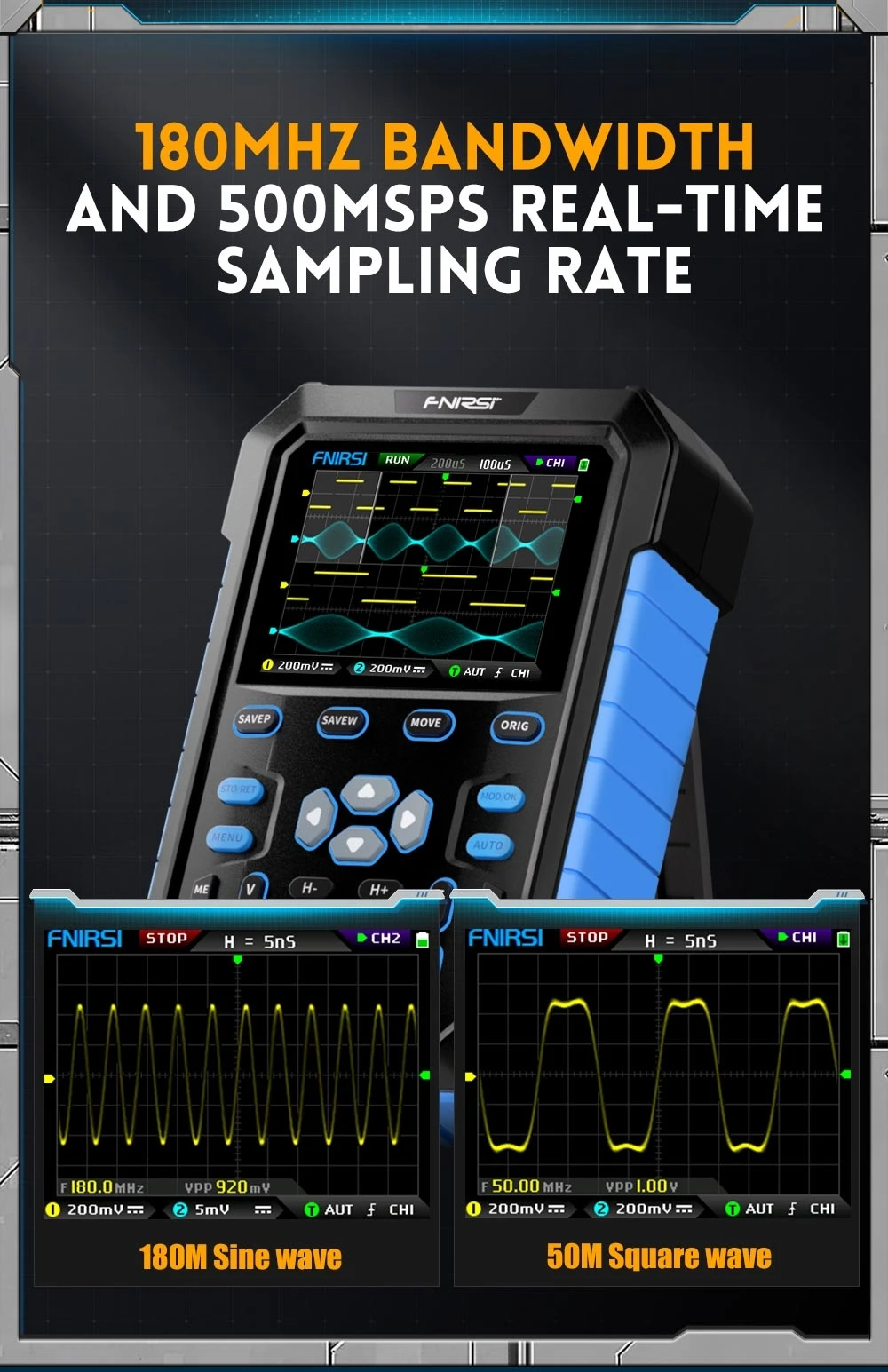 FNIRSI DPOX180H Digital Phosphor Oscilloscope 2 in 1 Dual-channel, 180MHz Bandwidth, DDS Signal Generator, US Plug - Blue